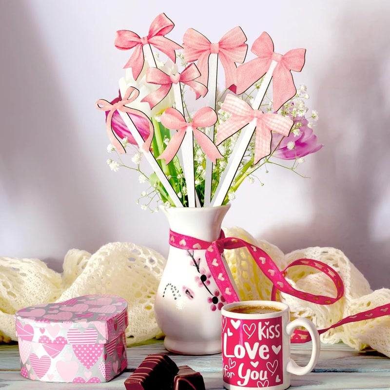TICIAGA Pink Bow Wooden Picks - 14PCS Pink Bow Tie Double-Sided Wooden Decorative Pick for Home Cute Vase Filler Wooden Bow Tie Decorative Pick for Farmhouse Decor Bow Tie Theme Decorations for Home - Image 4